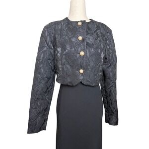 Valentina Shah Black Floral Jacquard Cropped Jacket Pearl Button Italy Womens‎